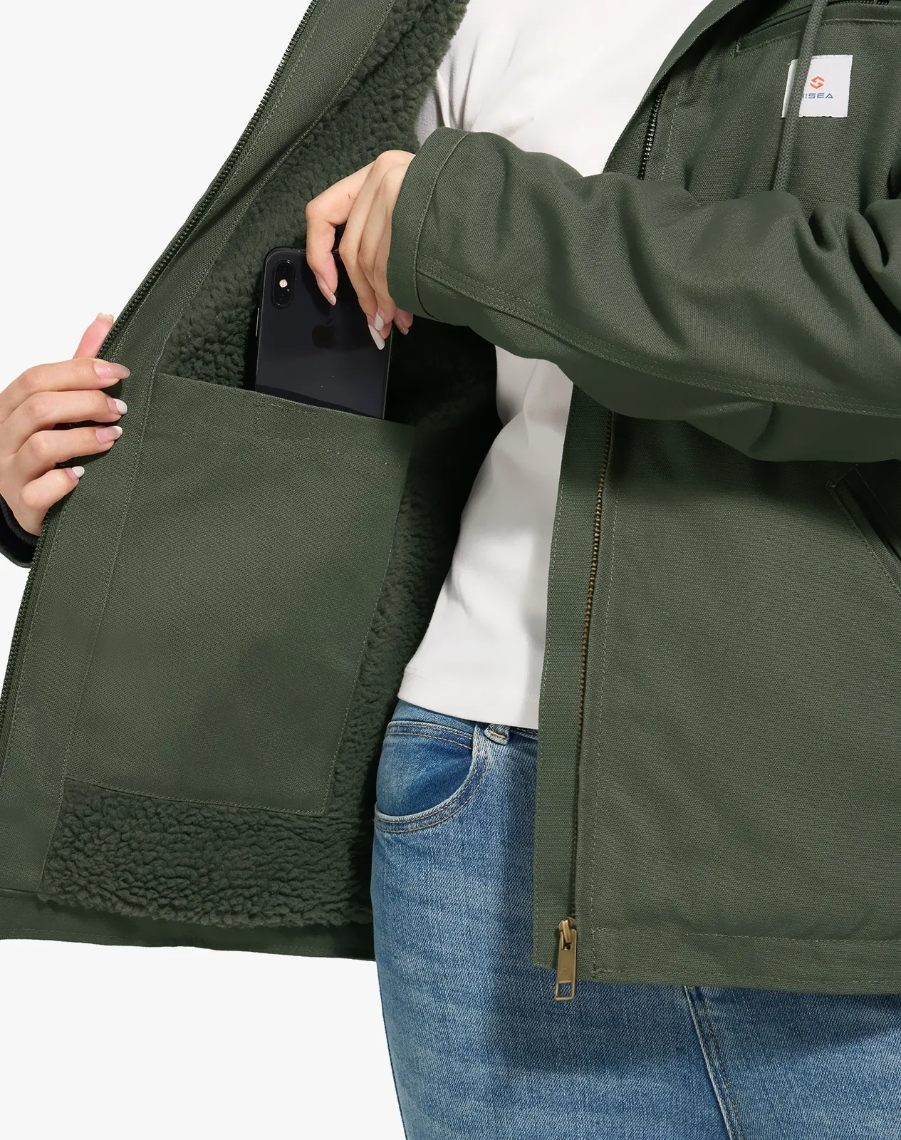 Green Women's Faux Sherpa Cotton Canvas Zip-Up Hooded Jacket for GZ74WCP image 4