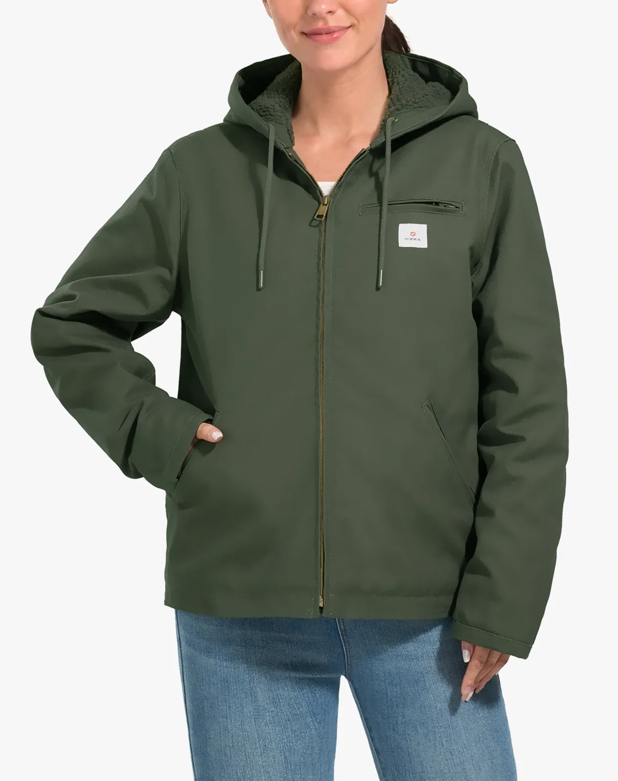 Green Women's Faux Sherpa Cotton Canvas Zip-Up Hooded Jacket for GZ74WCP image 5