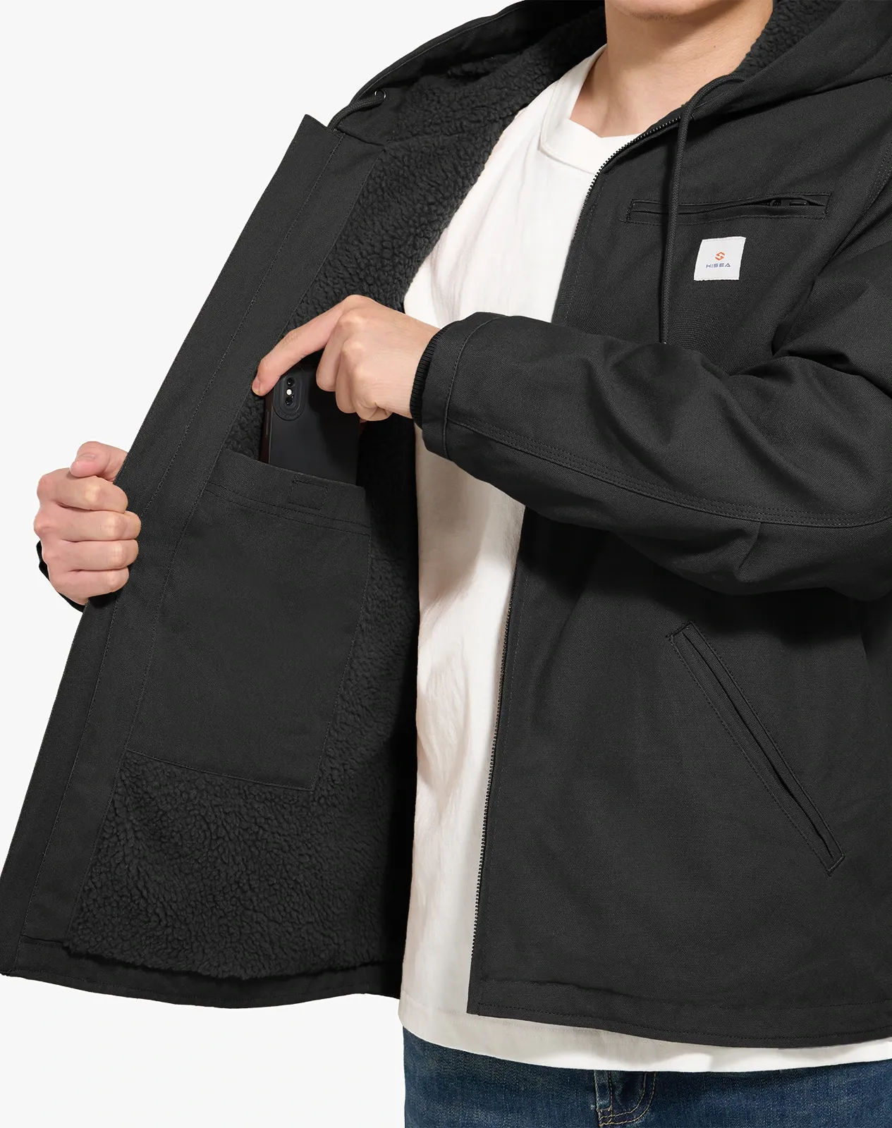 Men's Faux Sherpa Cotton Canvas Zip-Up Hooded Jacket for GZ75MCP image 5