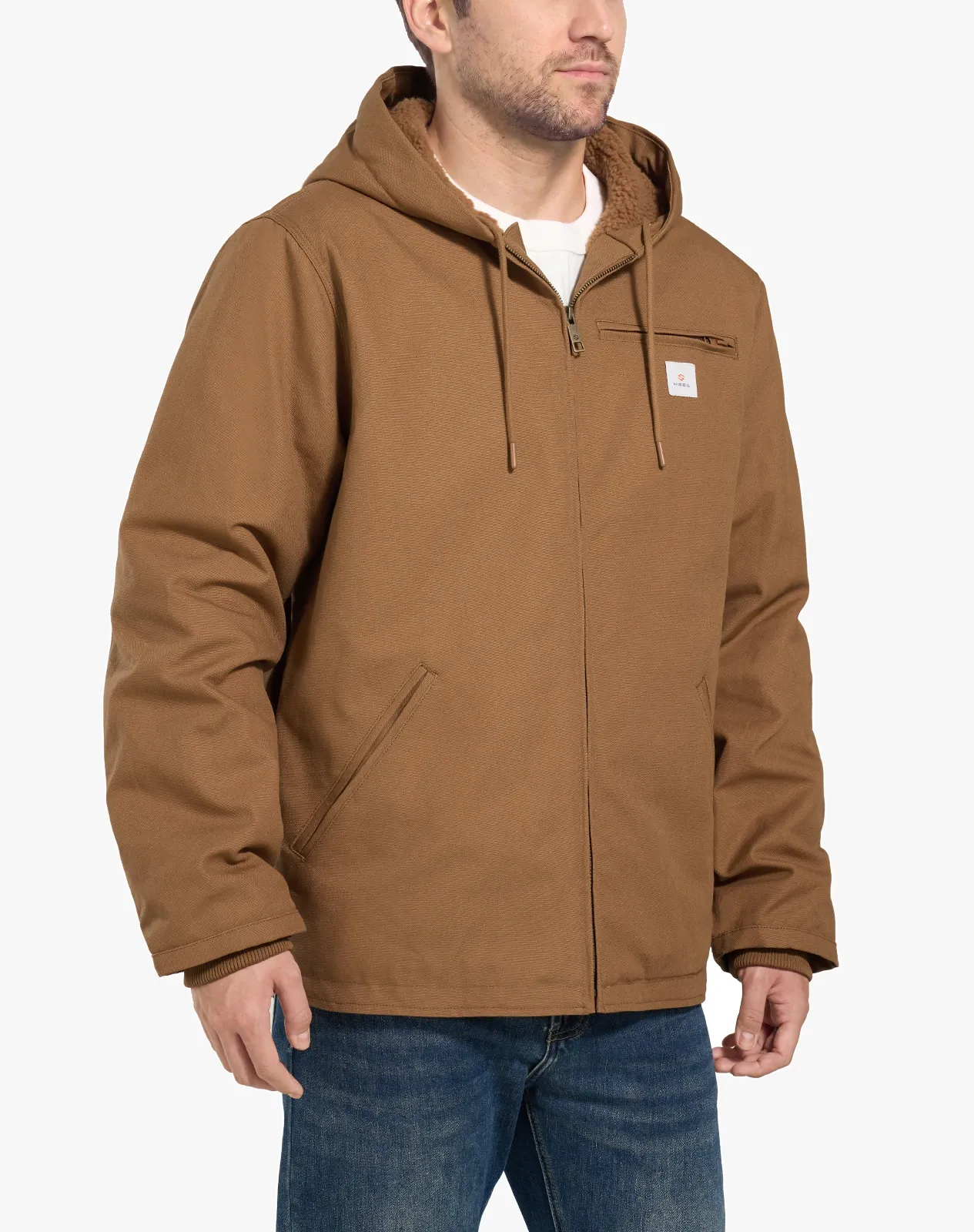 Gold brown Men's Faux Sherpa Cotton Canvas Zip-Up Hooded Jacket for GZ75MCP image 3