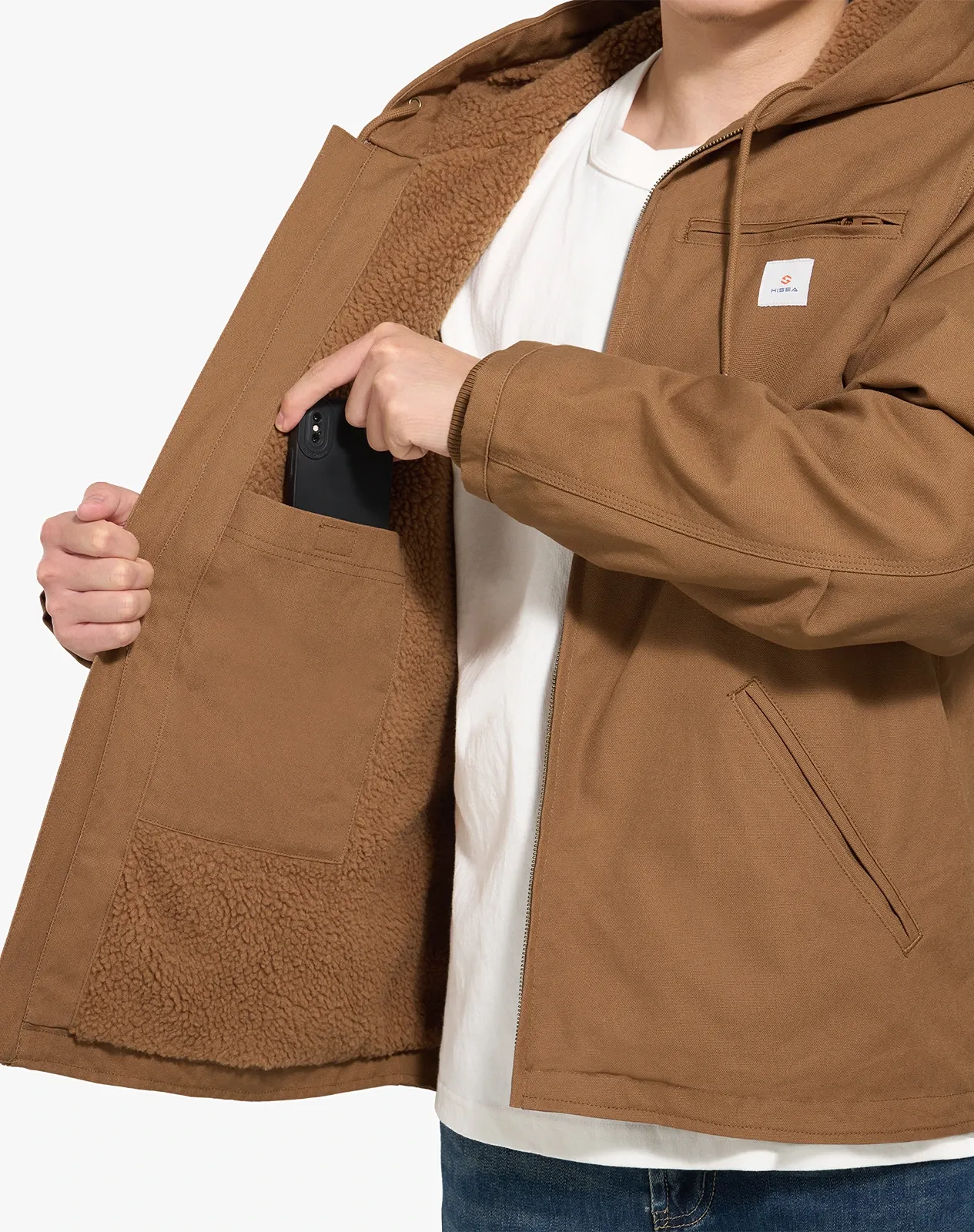 Gold brown Men's Faux Sherpa Cotton Canvas Zip-Up Hooded Jacket for GZ75MCP image 5