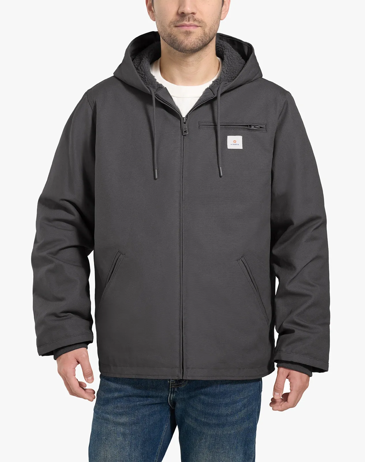 Grey Men's Faux Sherpa Cotton Canvas Zip-Up Hooded Jacket for GZ75MCP image 1