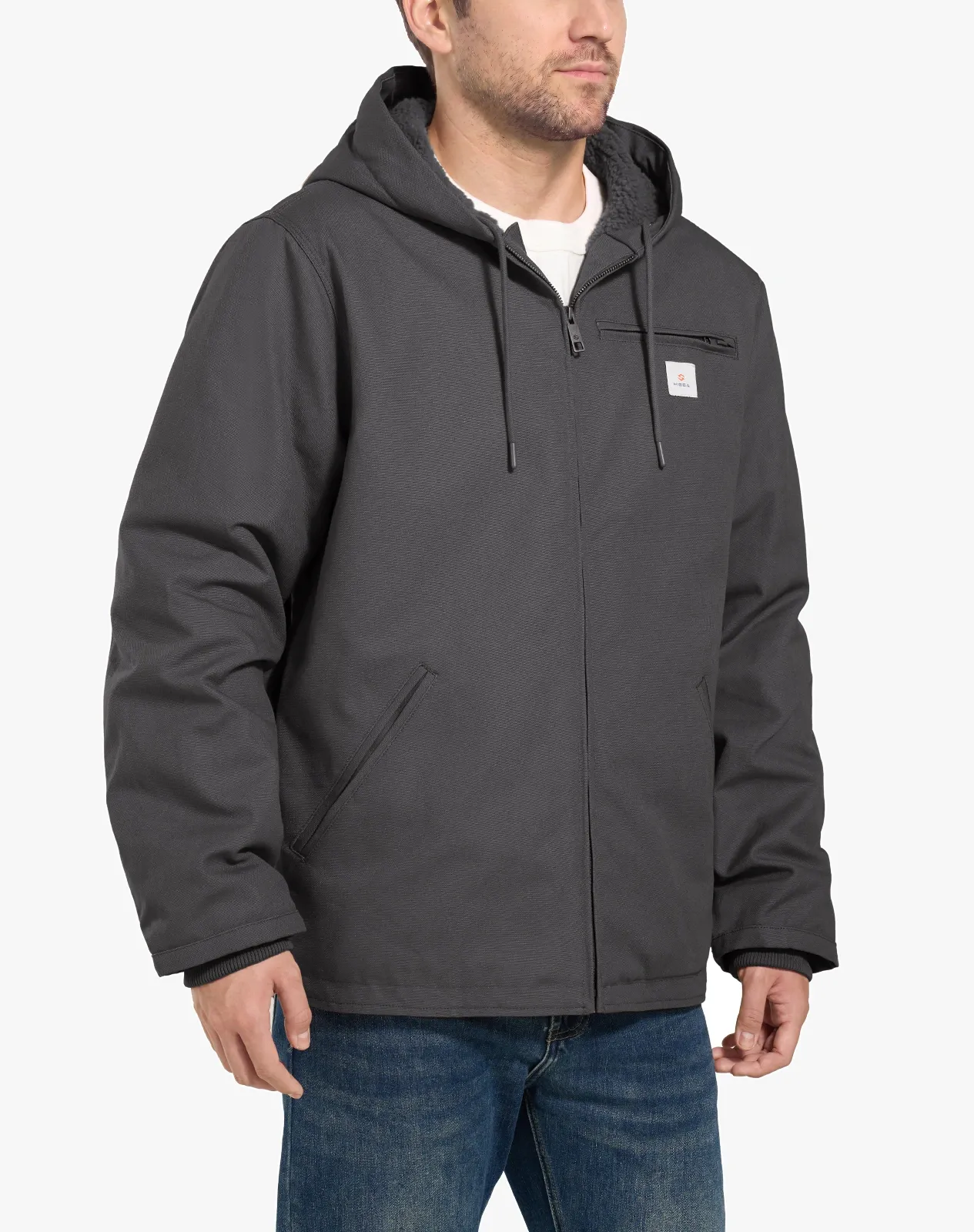 Grey Men's Faux Sherpa Cotton Canvas Zip-Up Hooded Jacket for GZ75MCP image 3
