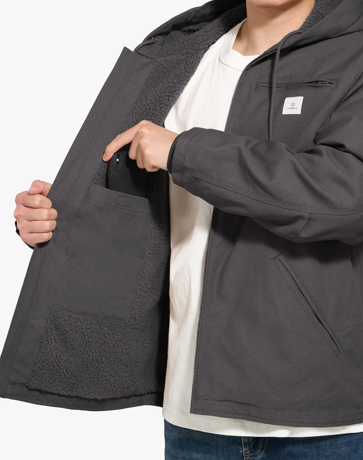 Grey Men's Faux Sherpa Cotton Canvas Zip-Up Hooded Jacket for GZ75MCP image 5