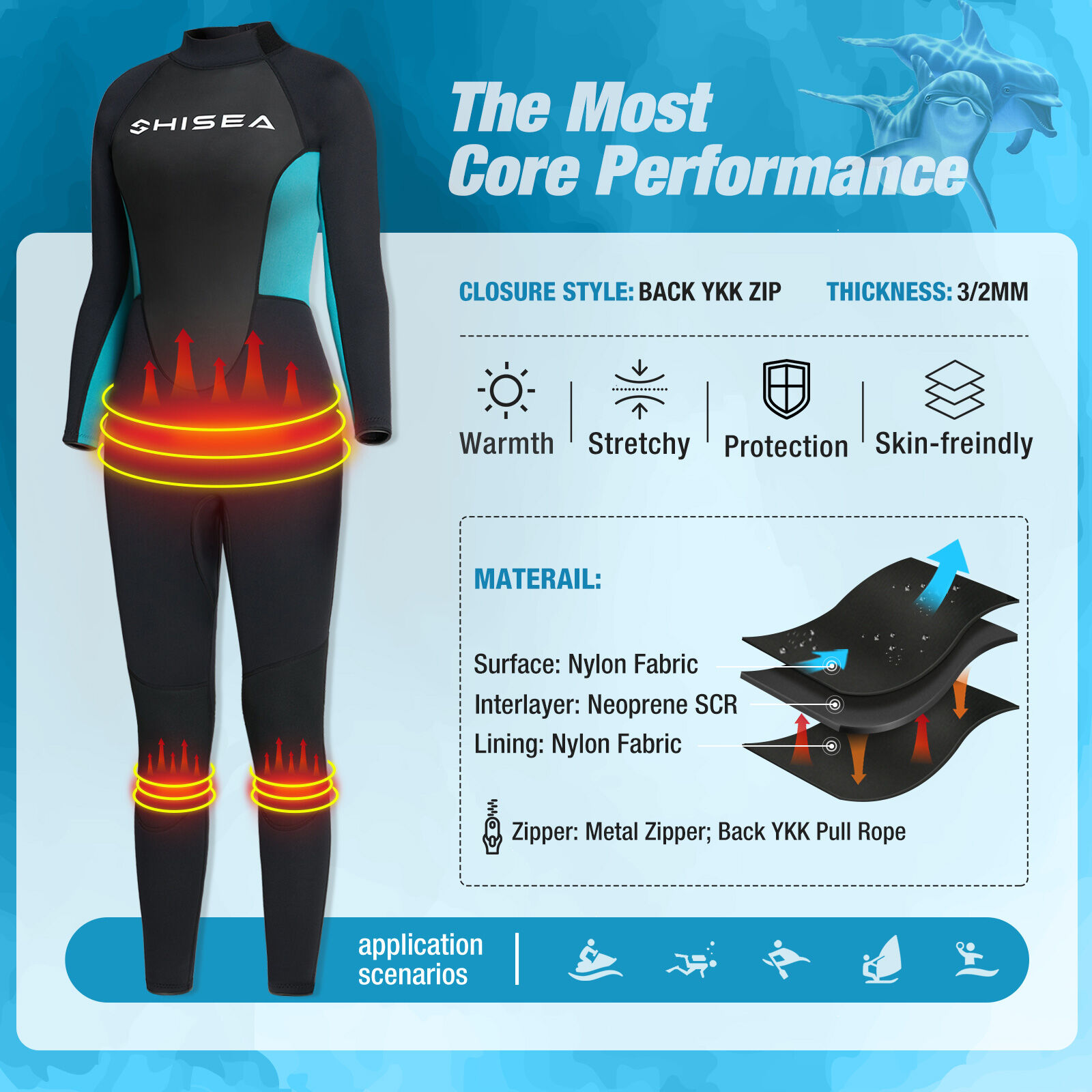 Turquoise HISEA Women’s Full Body Neoprene Wetsuit 3/2mm for QSY02W image 5