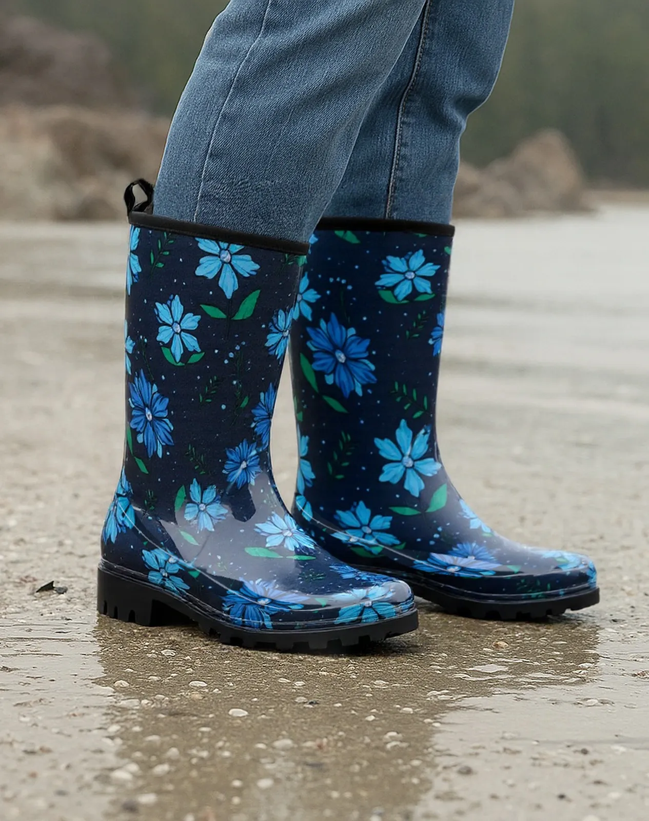 Blue Women's Waterproof Mid-Calf Rain Boots for XSX09WCP image 6