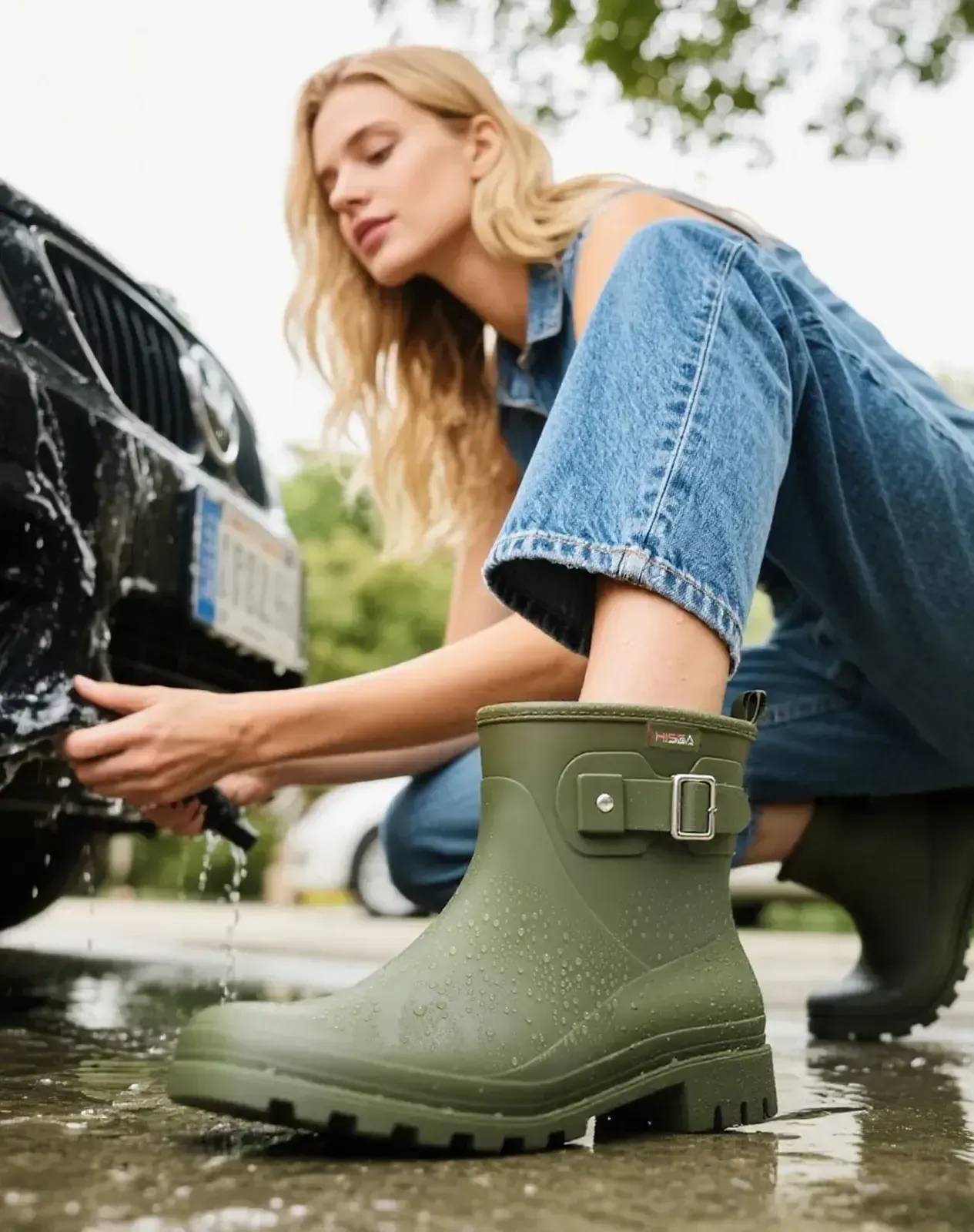 Green Women's Rubber Short Rain Boots with Adjustable Buckle for XSX101WCP image 7
