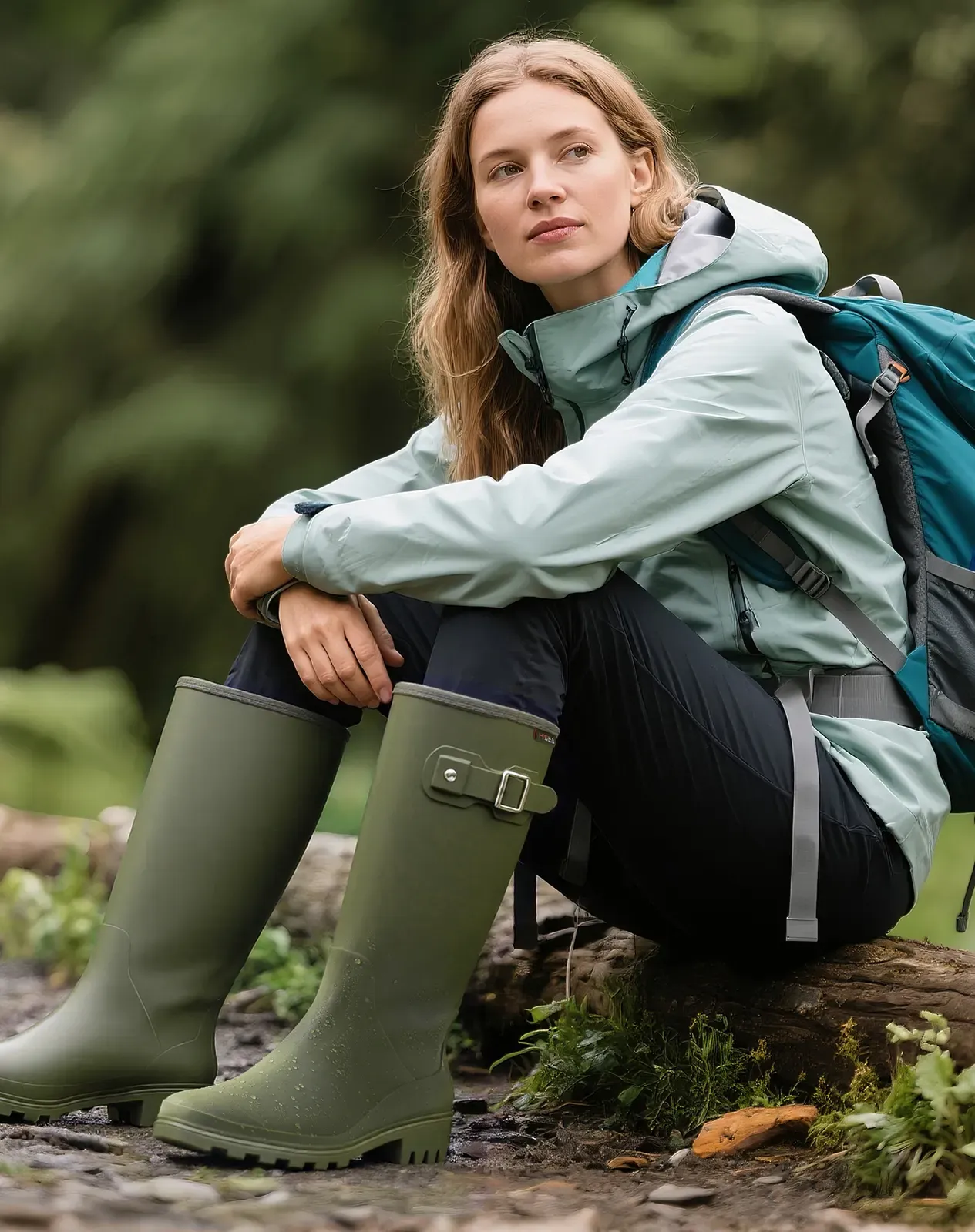 Green Women's Tall Rubber Rain Boots with Adjustable Buckle for XSX102WCP image 7