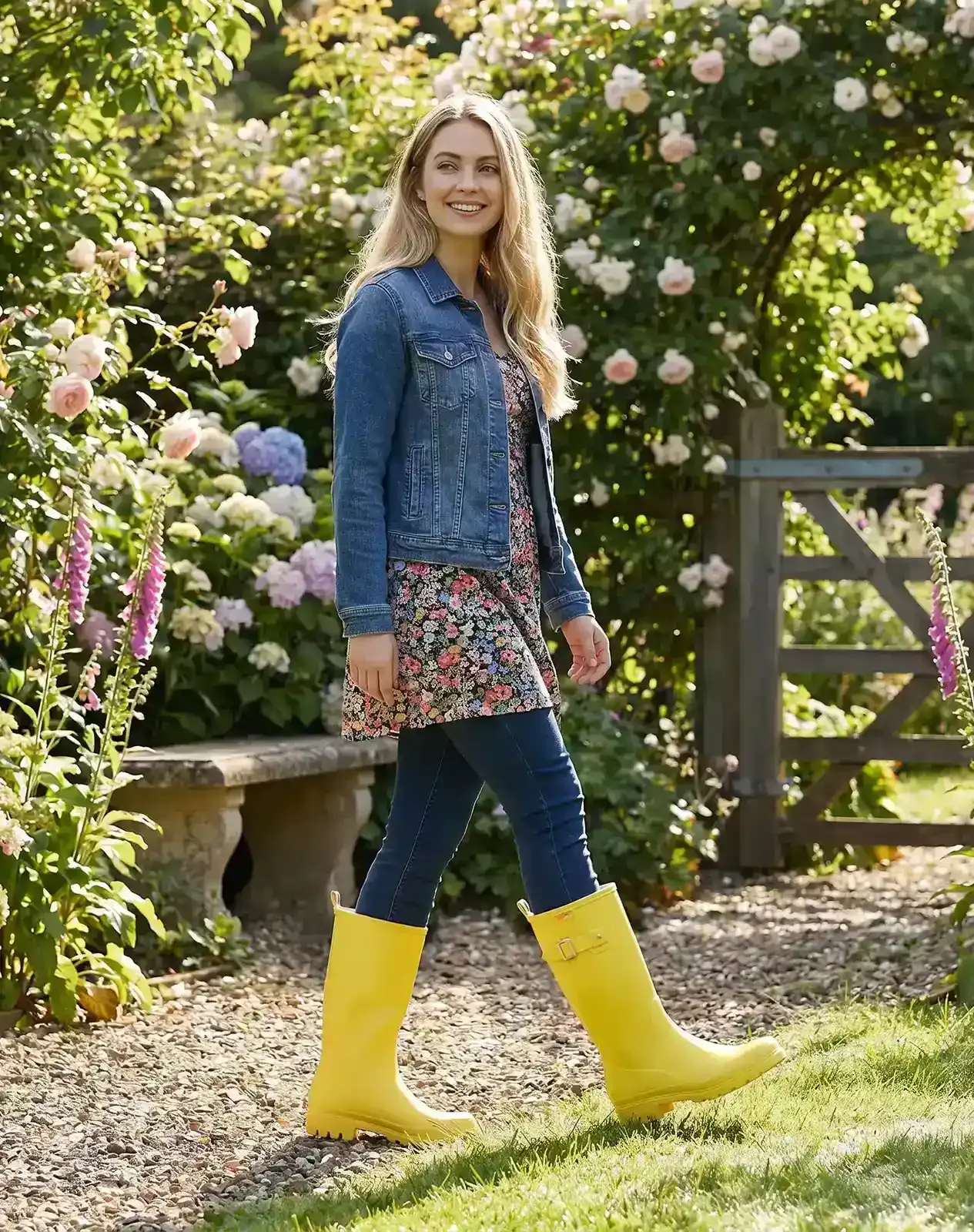 Yellow Women's Tall Rubber Rain Boots with Adjustable Buckle for XSX102WCP image 7