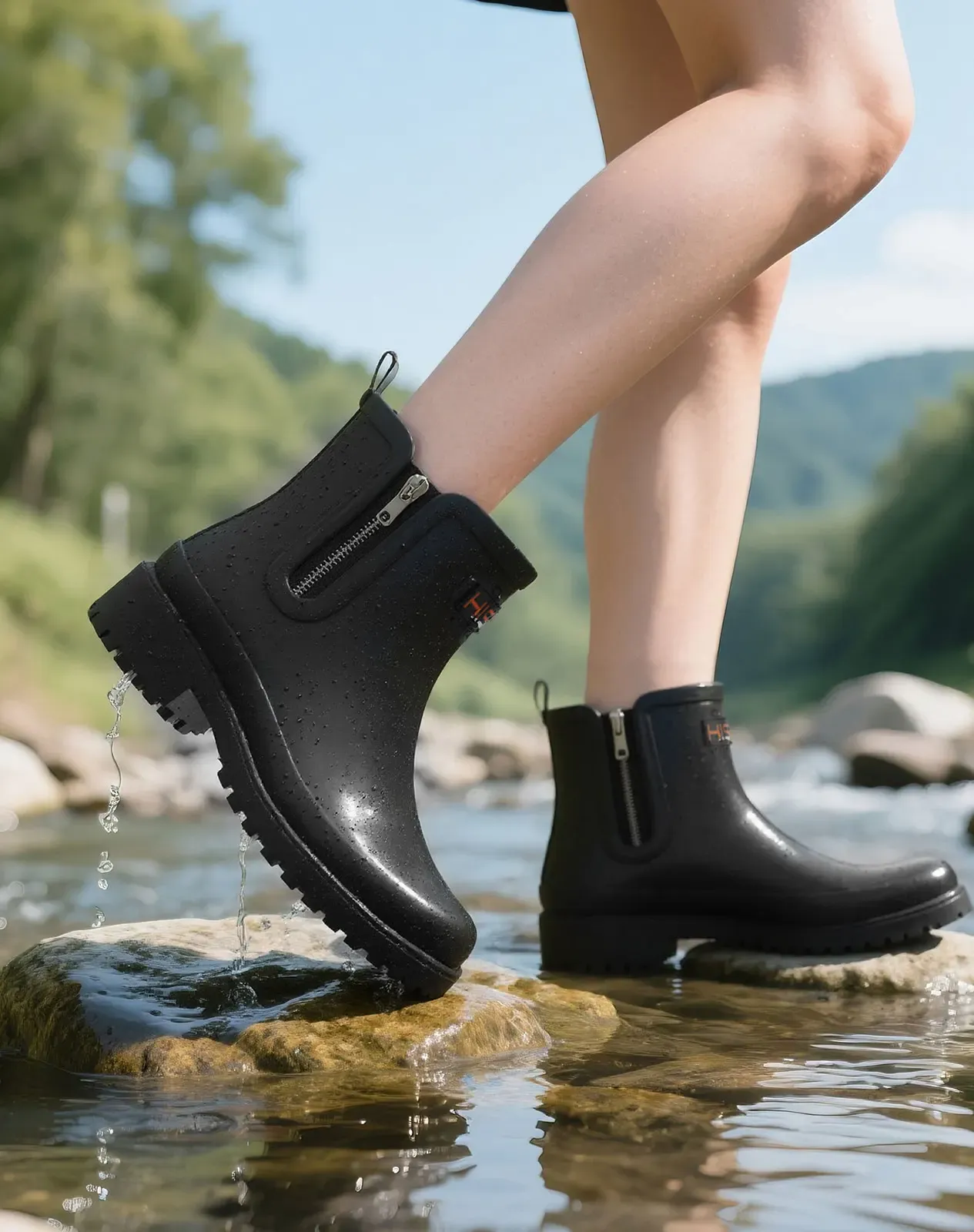 Black Women's Rubber Ankle Rain Boots with Side Zipper for XSX105WCP image 7