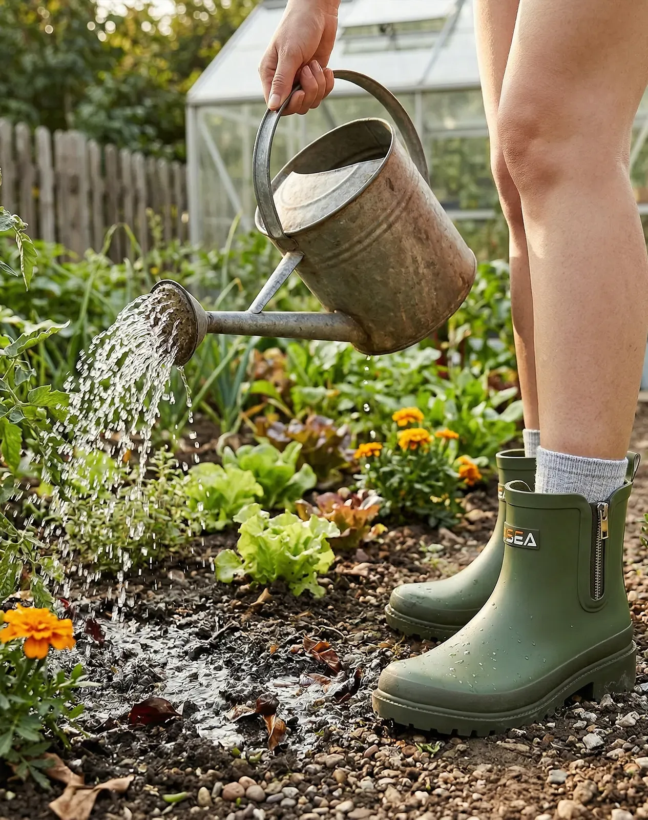 Green Women's Rubber Ankle Rain Boots with Side Zipper for XSX105WCP image 7