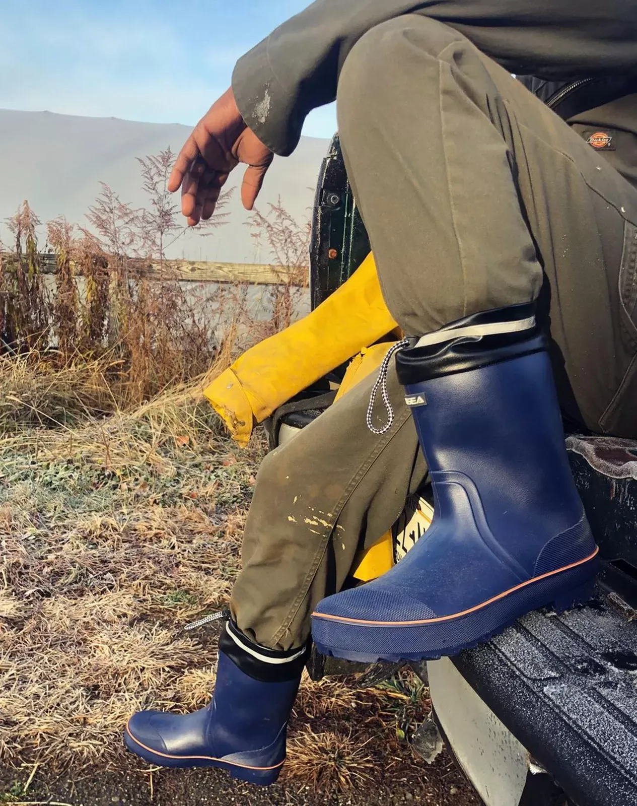 Orange Men's Rubber Mid Calf Rain Boots with Adjustable Closure