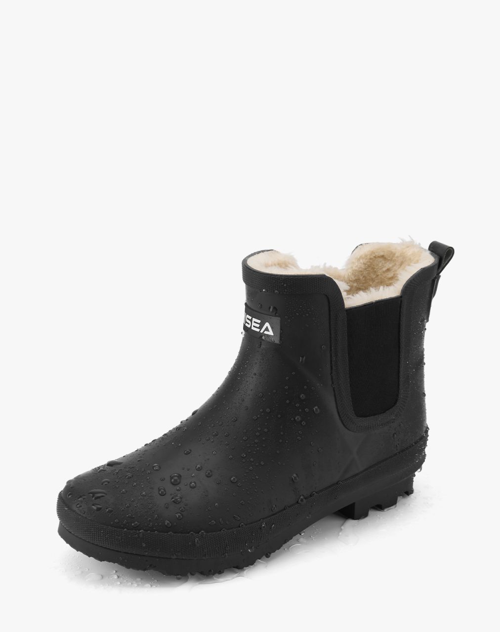 Women's Rubber Rain Boots With Faux Fur Lining - Warm, Waterproof, Glossy Black Snow Boots